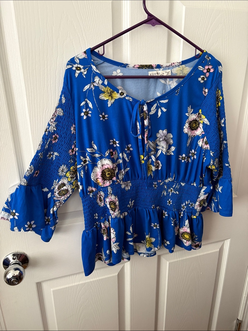 eye candy Royal Blue Floral Tie-Front Peasant Blouse